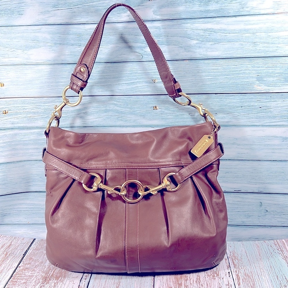 🌺 COACH HAMPTON F10205 BROWN SOFT LEATHER PLEATS BELTED BRASS SHOULDER BAG